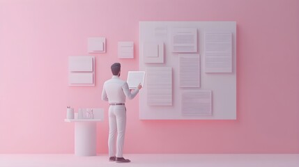 Poster - Minimalist Office Interior Design with Man and Tablet on Pink Wall