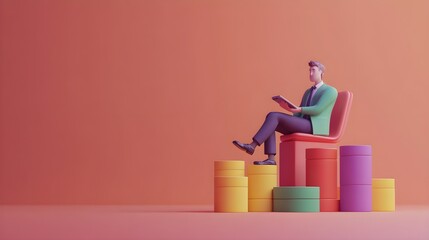 Poster - 3D Cartoon Businessman Sitting on Colorful Bar Graph