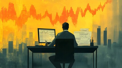 Poster - Businessman Analyzing Financial Data  Stock Market Charts  Cityscape  Office  Abstract Art