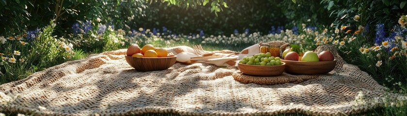 A serene picnic scene with baskets of fresh fruits set on a blanket surrounded by vibrant greenery and colorful flowers.