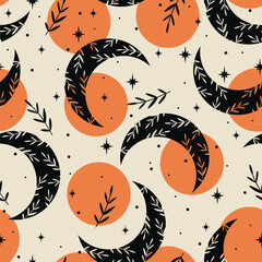 Wall Mural - Boho seamless pattern. Magic background with space elements stars, crescent and herbs. 