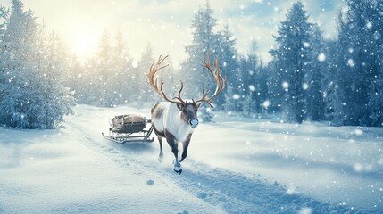 a reindeer with huge antlers gallops through the snowy landscapes of northern norway, pulling a slei
