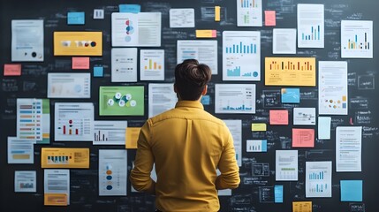 Poster - Businessman Analyzing Data on Wall with Charts and Graphs