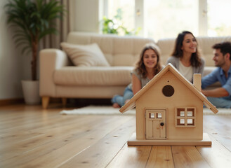 Wooden house model on blurred background with family. Home buying concept