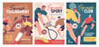© Good Studio - Squash sport cards set, flyer designs. Court game players with racquets, club and tournament promotion. Vertical promo ad templates, advertising placard backgrounds. Flat vector illustrations