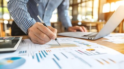 Poster - Businessman Analyzing Financial Data Charts with Pen and Laptop