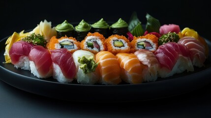 Wall Mural - A vibrant sushi platter featuring an array of colorful fish,