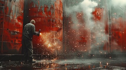 Poster - A worker using an angle grinder grinding against large rusty red tanks on a wall in a disused factory setting. Banks of lights, water spray and smoke.