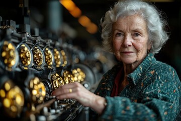 Elderly woman in vintage textile factory highlighting heritage and craftsmanship