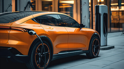 Poster - Orange electric car while charging, EV station charging car in city.