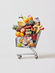 Poster - Cart filled with groceries, some items with discount labels, captures cost of living and household budgeting