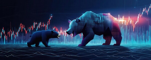 Two stylized bears face each other against a digital trading chart backdrop, symbolizing market competition between bullish and bearish trends.