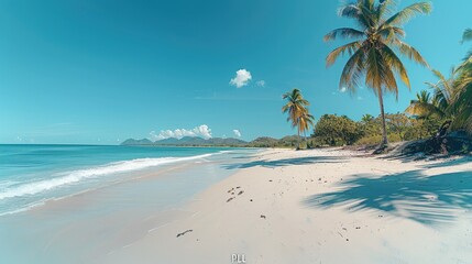 Poster - Beautiful white sandy beach with palm trees under a clear blue sky, setting a peaceful tropical scene.