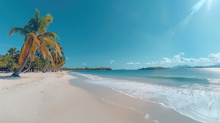 Poster - Beautiful white sandy beach with palm trees under a clear blue sky, setting a peaceful tropical scene.