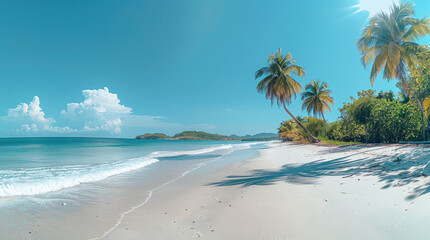 Poster - Beautiful white sandy beach with palm trees under a clear blue sky, setting a peaceful tropical scene.