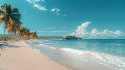 Poster - Beautiful white sandy beach with palm trees under a clear blue sky, setting a peaceful tropical scene.