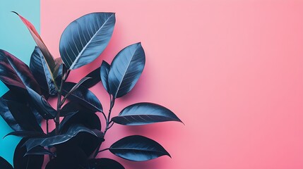 Wall Mural - Blue Leaves Pink Background Minimalist Tropical Plant Design