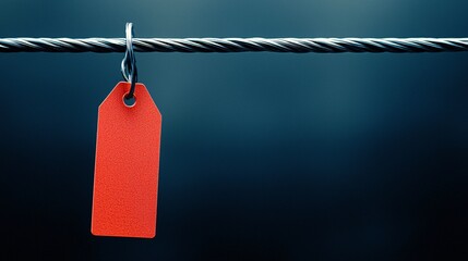 Poster - A close-up of a price tag with a red discount label hanging from a product shelf, emphasizing value and cost savings in a retail environment. The image includes ample copy space for custom text.