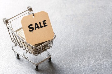 Poster - A close-up of a price tag with a red discount label hanging from a product shelf, emphasizing value and cost savings in a retail environment. The image includes ample copy space for custom text.