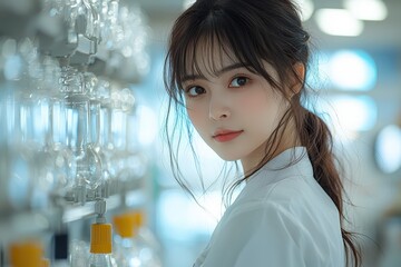 Young scientist in laboratory setting with shelves of glassware