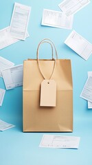 Poster - A shopping bag with a sale tag hanging from it, surrounded by receipts, representing value and discounts. The scene includes ample copy space for customizable text.