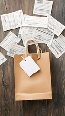 Poster - A shopping bag with a sale tag hanging from it, surrounded by receipts, representing value and discounts. The scene includes ample copy space for customizable text.