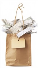 Poster - A shopping bag with a sale tag hanging from it, surrounded by receipts, representing value and discounts. The scene includes ample copy space for customizable text.