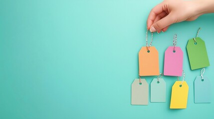 Poster - A hand placing a sale tag on a product with price labels around it, symbolizing discount and value-focused shopping. Ample copy space surrounds the scene.