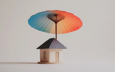 Create an engaging image of a home protection concept with a vivid umbrella hovering over a small house model