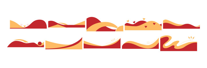 Wall Mural - set of abstract red and yellow landscape banners with flowing curves, heart motifs, and decorative s