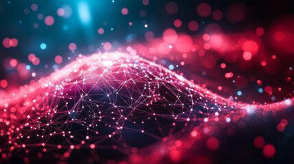 Poster - Abstract digital landscape featuring glowing lines and vibrant dots in a cosmic environment
