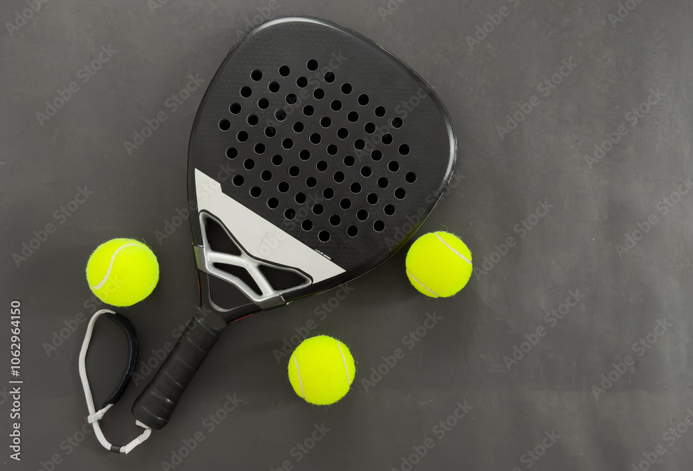 Padel racket. Background with copy space. Sport court and balls. Social ...