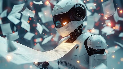 Aufkleber - A futuristic, minimalistic AI robot with a sleek design, spitting out endless streams of fake papers.