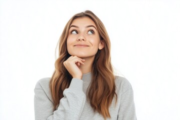 Young happy woman model advertising face healthy skin care natural treatment looking away isolated on white background.