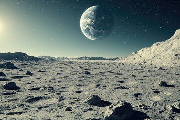 Wall Mural - desolate landscape with a large planet in the background. the planet is surrounded by a rocky terrai