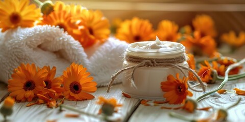 Wall Mural - Jar of lotion sits on a table next to a bunch of orange flowers. The flowers are scattered around the jar, creating a natural and calming atmosphere. The lotion jar is tied with a string