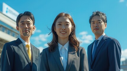 Sticker - Four Japanese business people wearing suits and smiling, with a blue sky background.