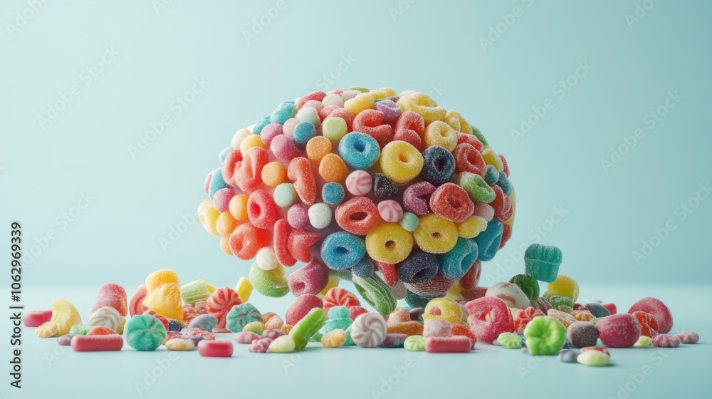 Colorful brain made of candy and gum. The candy is scattered all over ...