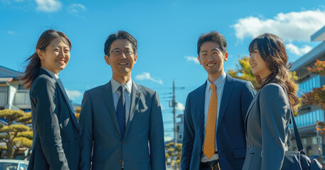 Poster - Four Japanese business people wearing suits and smiling, with a blue sky background.