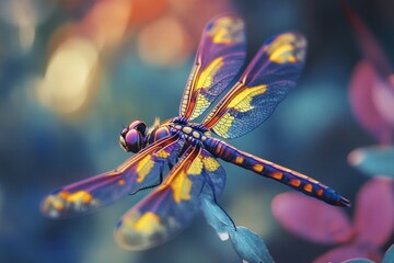 Canvas Print - Colorful dragonfly with yellow and orange wings is perched on a leaf. The image has a vibrant and lively mood, with the bright colors of the dragonfly and the leaf creating a sense of energy