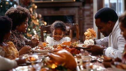 An African American family is enjoying Thanksgiving dinner together at a table. The father and daughter are the main focus of the photo.