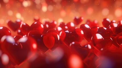 Wall Mural - Close up of many red hearts. The hearts are all different sizes and are arranged in a way that they look like they are floating in the air. The image has a warm and romantic mood