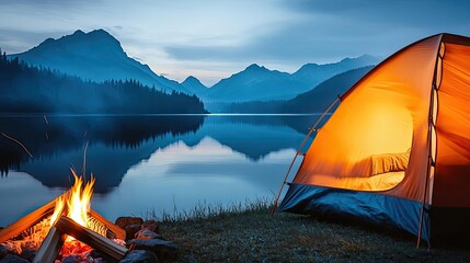 Wall Mural - camping tent by a serene lake with mountains at dusk, glowing campfire nearby.