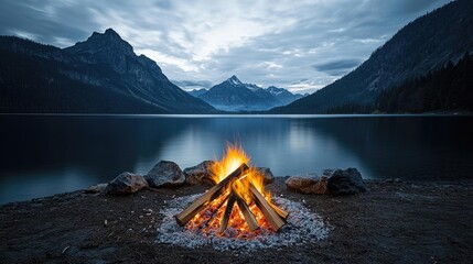 Wall Mural - campfire glowing beside a serene lake, surrounded by majestic mountains.