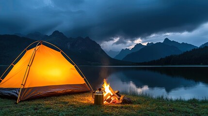 Wall Mural - camping tent at twilight with a glowing fire near a calm lake and mountains.