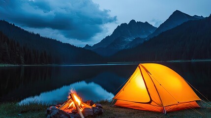 Wall Mural - camping scene by the lake with a glowing tent and a campfire at twilight.
