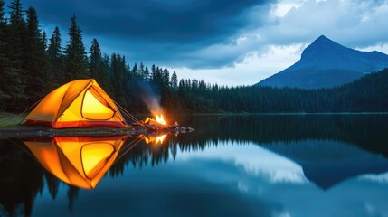 Wall Mural - camping tent by serene lake reflecting mountains and cloudy sky.