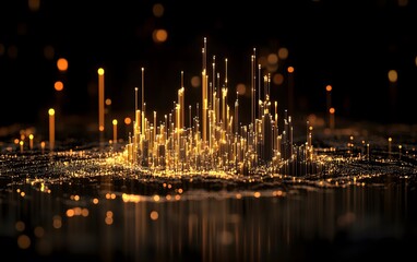 Poster - A mesmerizing golden cityscape with towering lights, creating a captivating visual of modern technology and elegance.