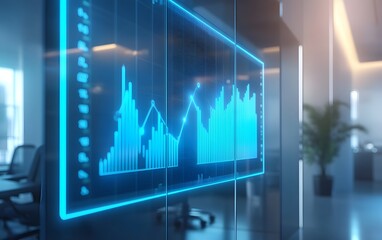 Poster - A modern office environment showcasing a digital graph on a glass screen, representing data analysis and business insights.