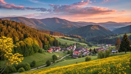  Vibrant Vector Cartoon Scene of a Quaint Village Surrounded by Lush Green Nature and Hills